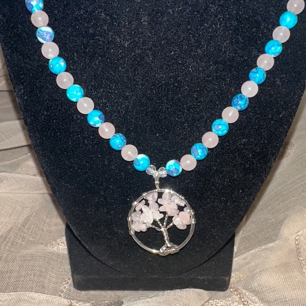 Candy Tree Necklace (Purple/ Blue Rain Flower Jade And Rose Quartz) - Picture 5 of 12